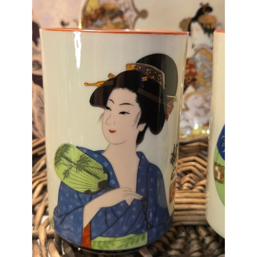 Vintage Japanese Geisha Tea Cups with Antique Japanese‎ Kutani Geisha Plate